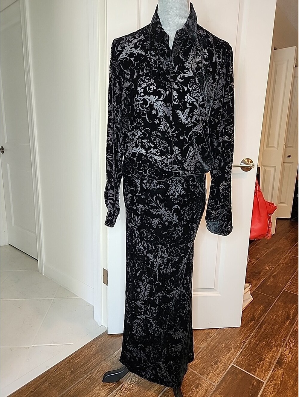 Lauren Ralph Lauren Dress Shirt Skirt Set 2 Piece Black Sz L 12 14 Velvet Silk